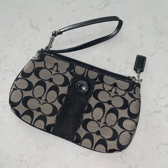 Coach Lg wristlet black & tan signature logo or small purse bag - Picture 1 of 12